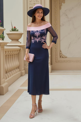 Marine Etui Chiffon Appliziertes Lange Hochzeitsgast Kleid mit Ärmel