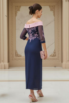 Marine Etui Chiffon Appliziertes Lange Hochzeitsgast Kleid mit Ärmel