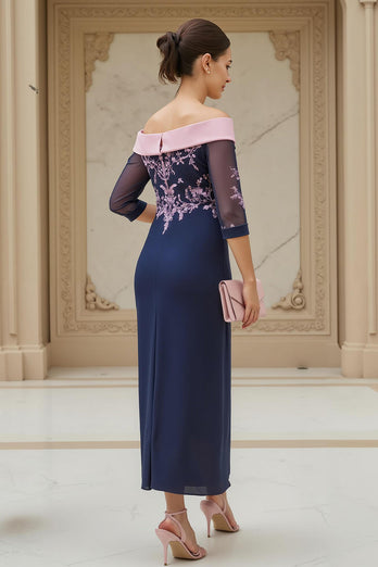 Marine Etui Chiffon Appliziertes Lange Hochzeitsgast Kleid mit Ärmel