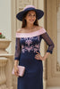 Laden Sie das Bild in den Galerie-Viewer, Marine Etui Chiffon Appliziertes Lange Hochzeitsgast Kleid mit Ärmel