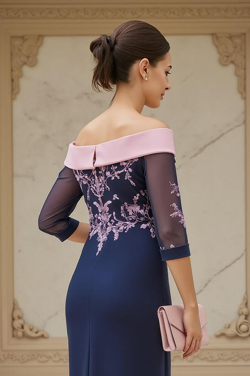 Laden Sie das Bild in den Galerie-Viewer, Marine Etui Chiffon Appliziertes Lange Hochzeitsgast Kleid mit Ärmel