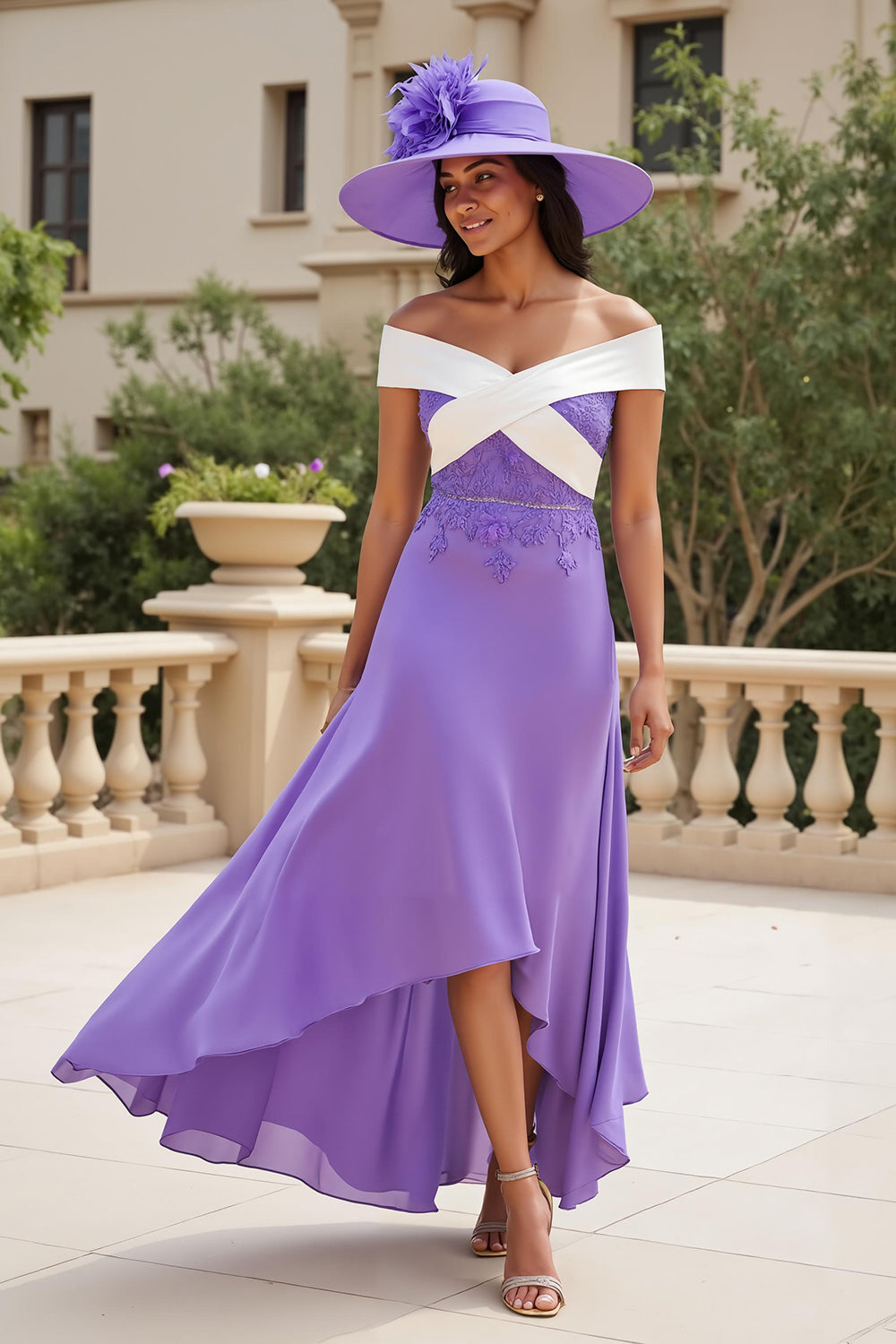 Lila Chiffon A Linie Schulterfreies Lange Hochzeitsgast Kleid mit Applikationen