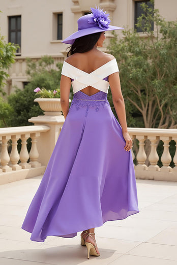 Lila Chiffon A Linie Schulterfreies Lange Hochzeitsgast Kleid mit Applikationen