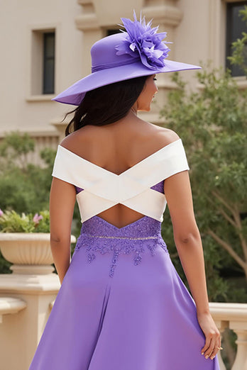 Lila Chiffon A Linie Schulterfreies Lange Hochzeitsgast Kleid mit Applikationen