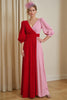 Laden Sie das Bild in den Galerie-Viewer, Rot Chiffon A Linie V-Ausschnitt Lange Hochzeitsgast Kleid mit Ärmel