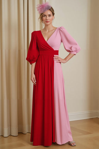 Rot Chiffon A Linie V-Ausschnitt Lange Hochzeitsgast Kleid mit Ärmel