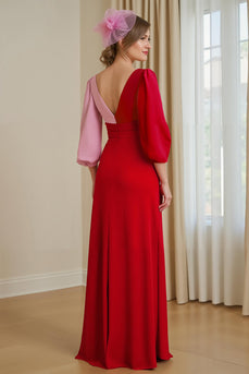 Rot Chiffon A Linie V-Ausschnitt Lange Hochzeitsgast Kleid mit Ärmel