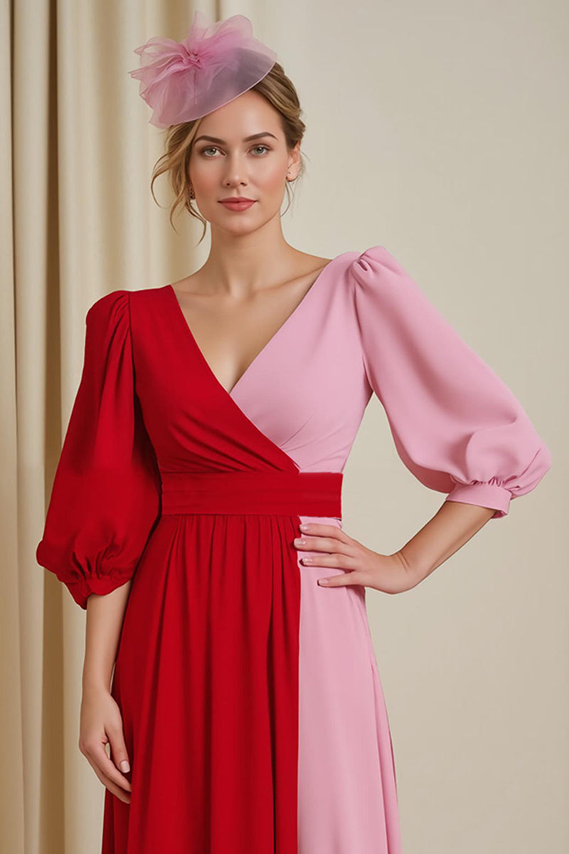 Laden Sie das Bild in den Galerie-Viewer, Rot Chiffon A Linie V-Ausschnitt Lange Hochzeitsgast Kleid mit Ärmel