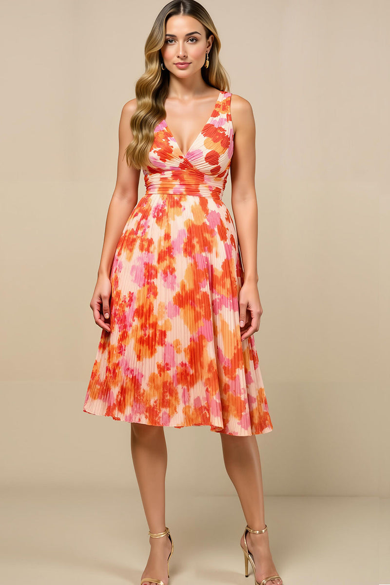 Laden Sie das Bild in den Galerie-Viewer, Sonnenuntergang Chiffon Breite Träger Falten Midikleid Hochzeitsgast Kleid