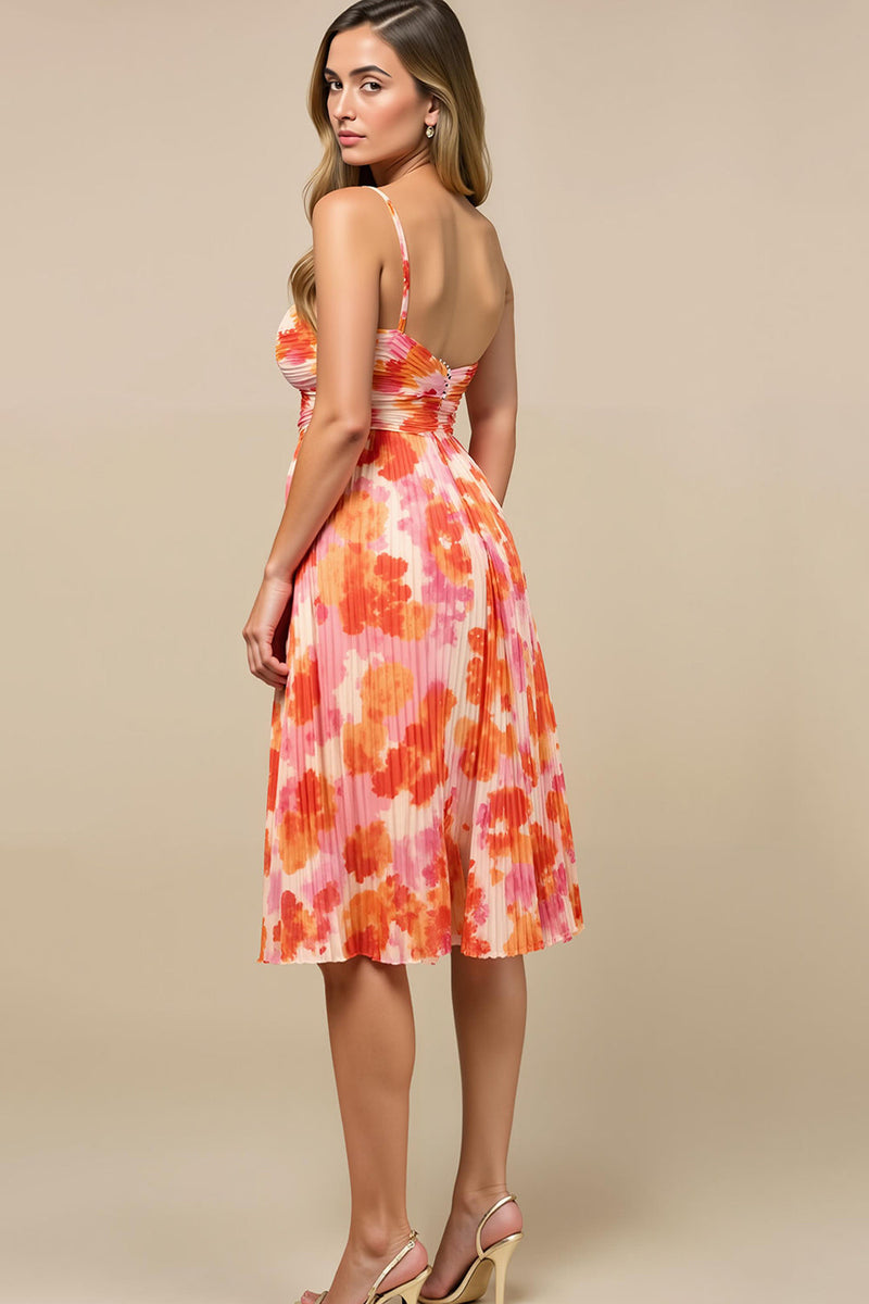 Laden Sie das Bild in den Galerie-Viewer, Sonnenuntergang Chiffon Spaghettiträger Midikleid Hochzeitsgast Kleid mit Falten