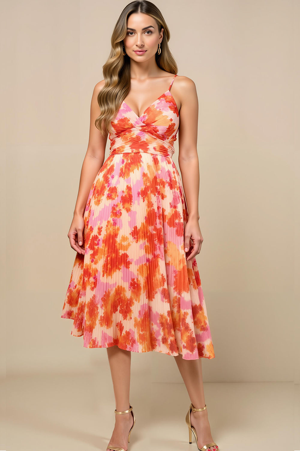 Sonnenuntergang Spaghettiträger Chiffon Hochzeitsgast Kleid mit Falten