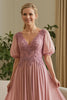 Laden Sie das Bild in den Galerie-Viewer, Dusty Rose A Linie Applikationen langes Brautmutterkleid mit Ärmeln