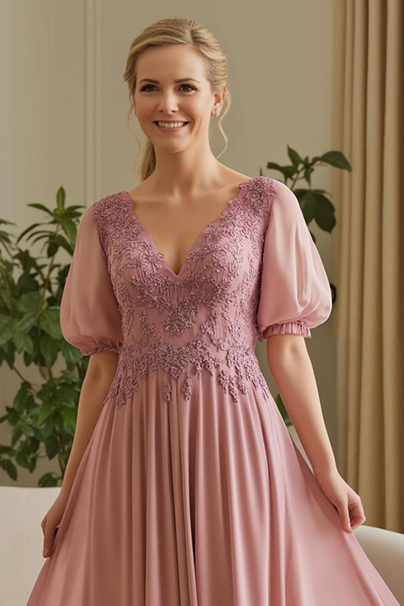 Laden Sie das Bild in den Galerie-Viewer, Dusty Rose A Linie Applikationen langes Brautmutterkleid mit Ärmeln