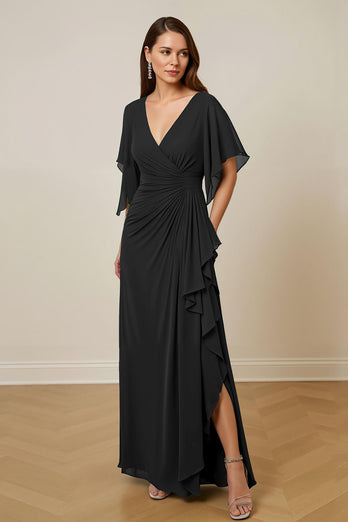 Dunkelgrün Chiffon Sheath Rüschenlanges Brautmutterkleid mit Rüschen