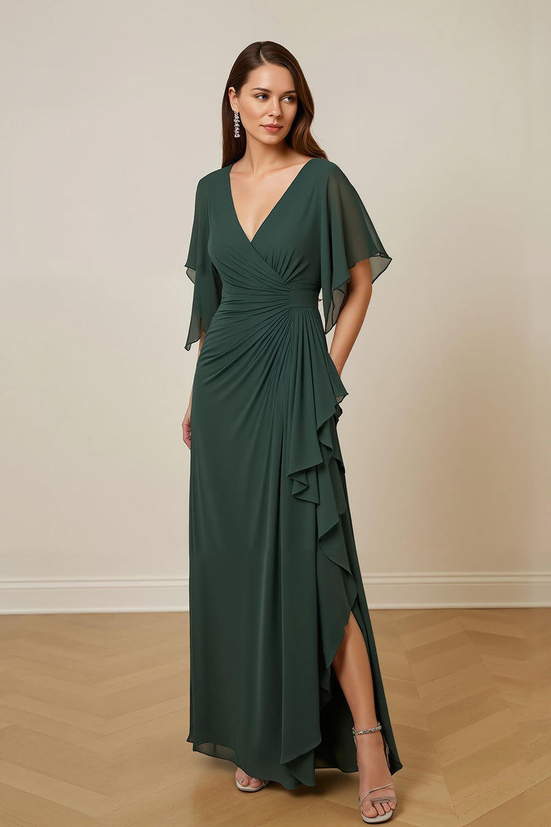 Laden Sie das Bild in den Galerie-Viewer, Dunkelgrün Chiffon Sheath Rüschenlanges Brautmutterkleid mit Rüschen