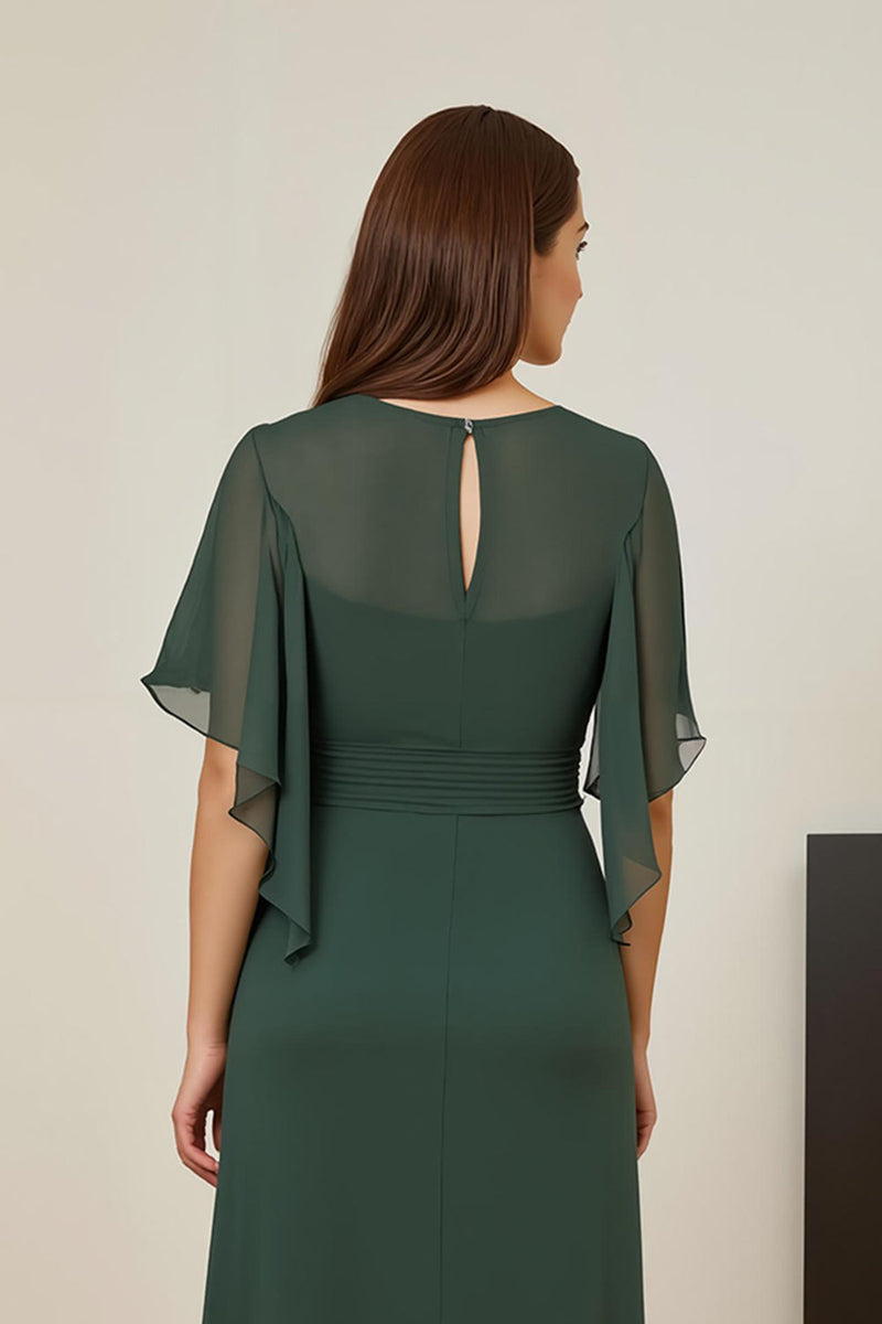 Laden Sie das Bild in den Galerie-Viewer, Dunkelgrün Chiffon Sheath Rüschenlanges Brautmutterkleid mit Rüschen