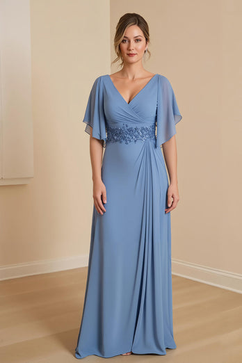 Staubblaue Chiffon Applikationen langes Brautmutterkleid mit Rüschen