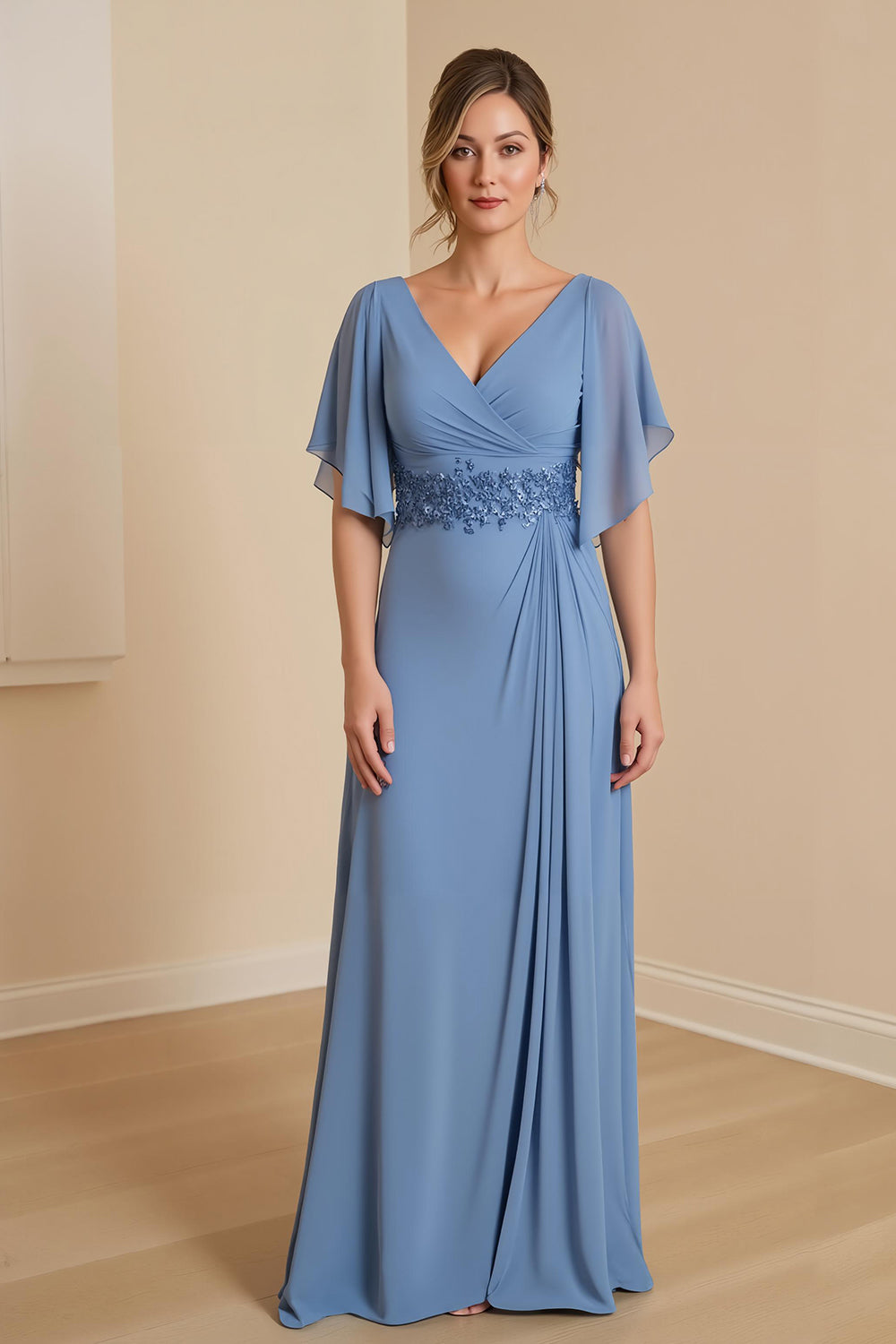 Staubblaue Chiffon Applikationen langes Brautmutterkleid mit Rüschen