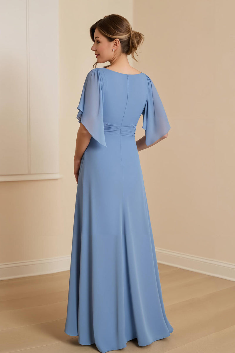 Laden Sie das Bild in den Galerie-Viewer, Staubblaue Chiffon Applikationen langes Brautmutterkleid mit Rüschen