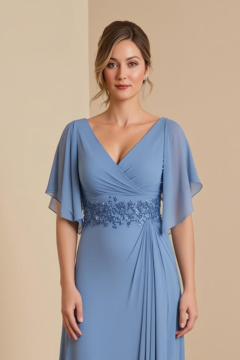 Laden Sie das Bild in den Galerie-Viewer, Staubblaue Chiffon Applikationen langes Brautmutterkleid mit Rüschen
