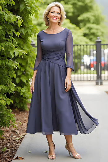 Stahlgrau A Linie Chiffon U-Boot Ausschnitt Lange Brautmutterkleid mit Ärmel