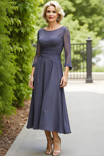 Stahlgrau A Linie Chiffon U-Boot Ausschnitt Lange Brautmutterkleid mit Ärmel