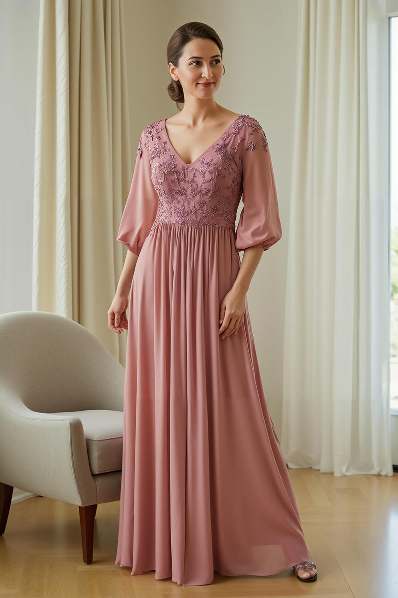 Laden Sie das Bild in den Galerie-Viewer, Altrosa Chiffon Applikationen langes Brautmutterkleid mit Ärmeln