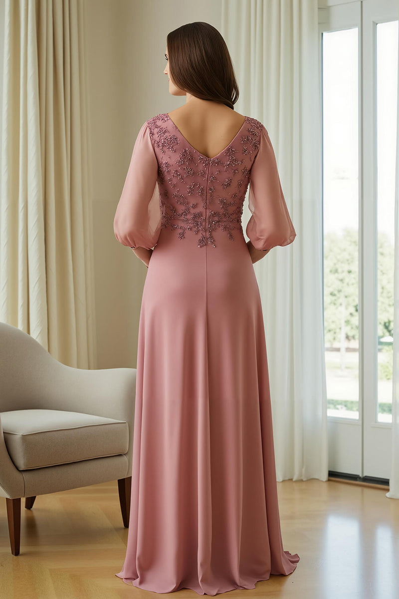 Laden Sie das Bild in den Galerie-Viewer, Altrosa Chiffon Applikationen langes Brautmutterkleid mit Ärmeln