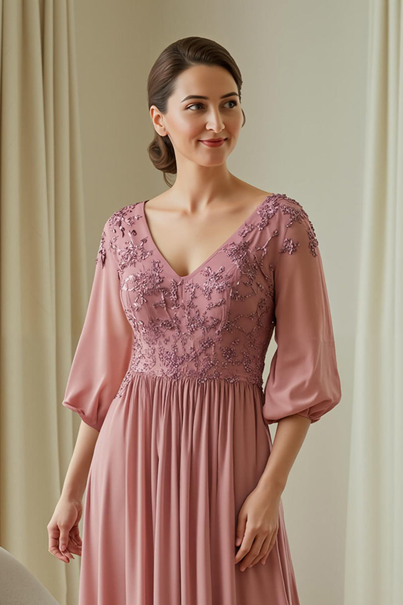 Laden Sie das Bild in den Galerie-Viewer, Altrosa Chiffon Applikationen langes Brautmutterkleid mit Ärmeln