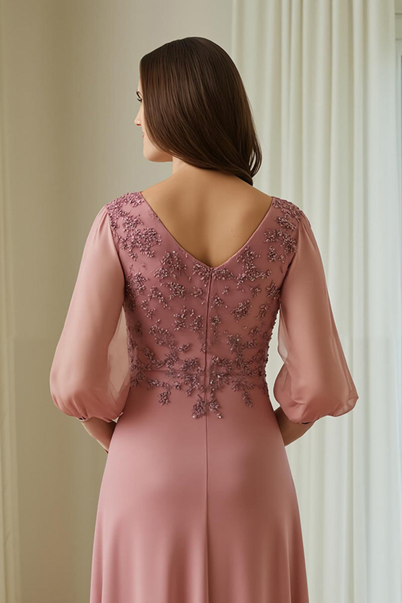 Laden Sie das Bild in den Galerie-Viewer, Altrosa Chiffon Applikationen langes Brautmutterkleid mit Ärmeln