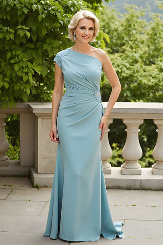 Hellblau Etui Eine Schulter Lange Brautmutterkleid mit Applikationen