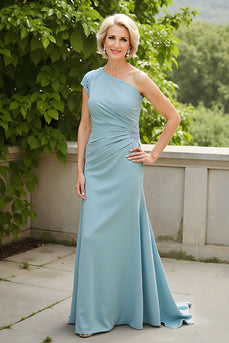 Hellblau Etui Eine Schulter Lange Brautmutterkleid mit Applikationen