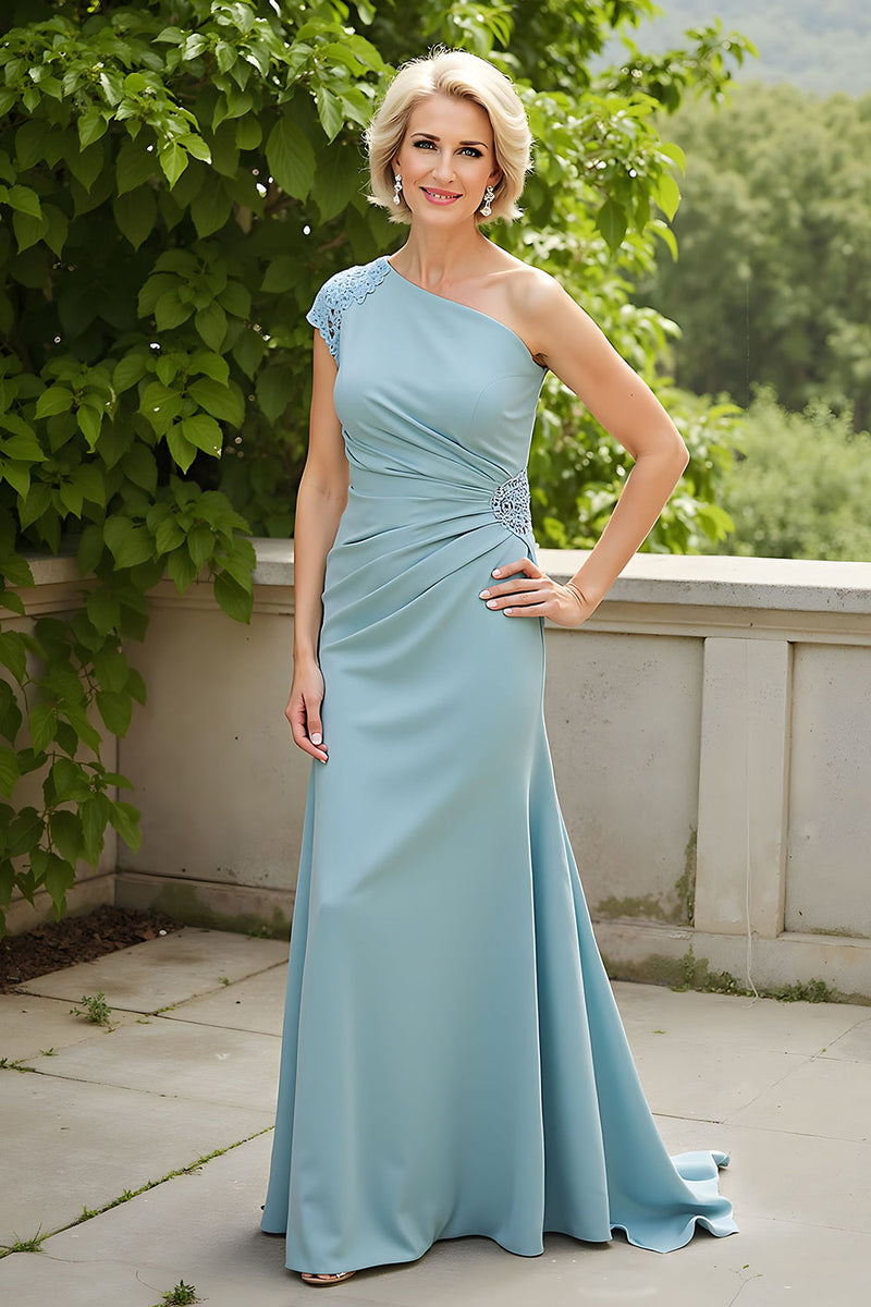 Laden Sie das Bild in den Galerie-Viewer, Hellblau Etui Eine Schulter Lange Brautmutterkleid mit Applikationen
