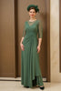 Laden Sie das Bild in den Galerie-Viewer, Dunkelgrün Chiffon Rüschenlanges Brautmutterkleid mit Ärmeln
