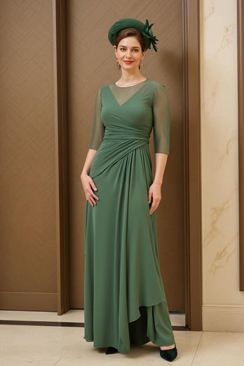 Dunkelgrün Chiffon Rüschenlanges Brautmutterkleid mit Ärmeln