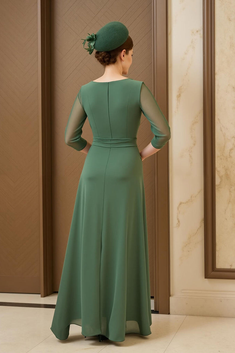 Laden Sie das Bild in den Galerie-Viewer, Dunkelgrün Chiffon Rüschenlanges Brautmutterkleid mit Ärmeln