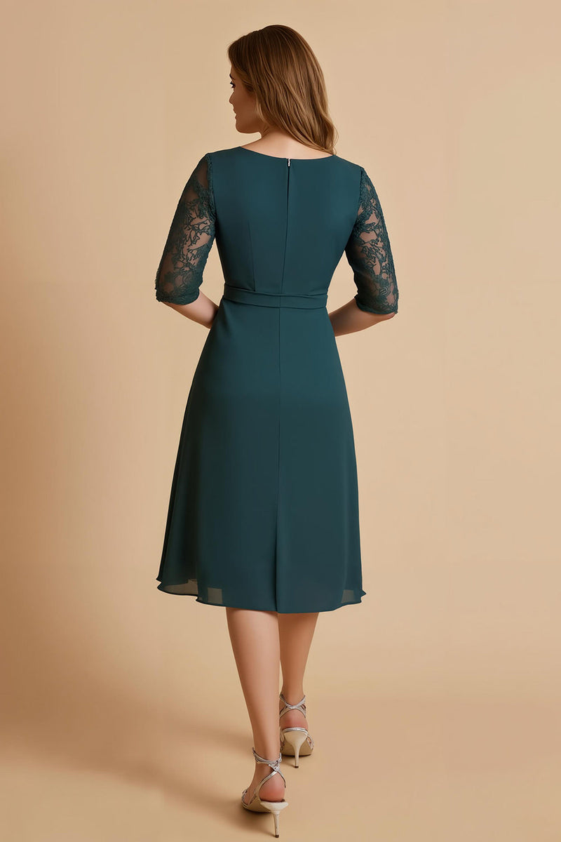 Laden Sie das Bild in den Galerie-Viewer, Grüne Chiffon Rüschen A Line Midi Brautmutterkleid mit Spitze