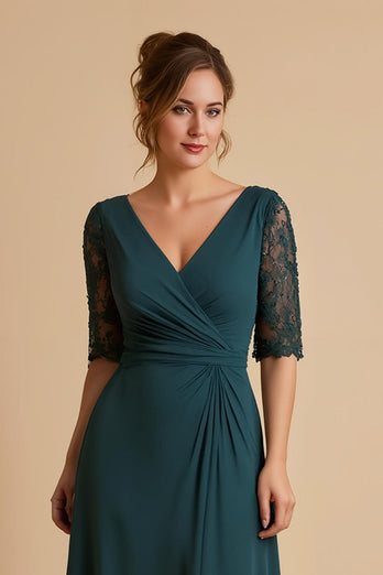 Grüne Chiffon Rüschen A Line Midi Brautmutterkleid mit Spitze