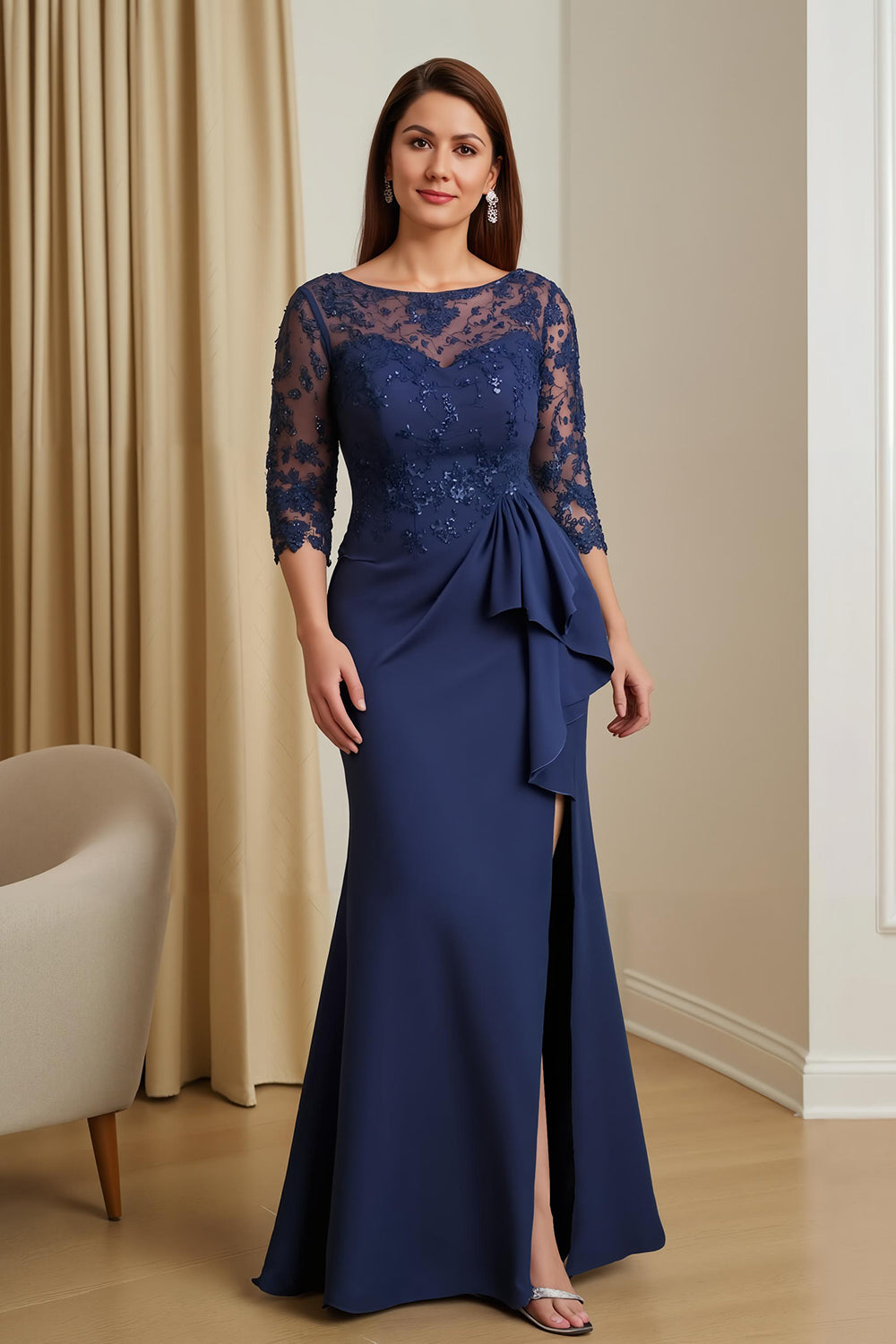 Marine Meerjungfrau Satin Illusion Bootneck langes Brautjungfernkleid mit Schlitz