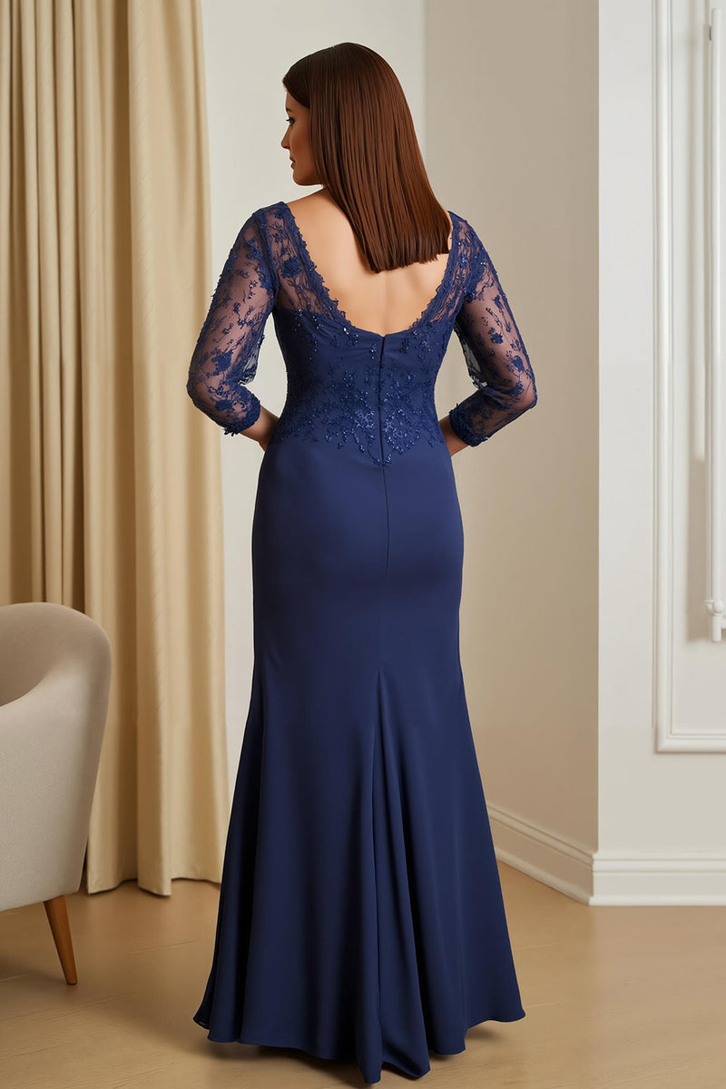 Laden Sie das Bild in den Galerie-Viewer, Marine Meerjungfrau Satin Illusion Bootneck langes Brautjungfernkleid mit Schlitz