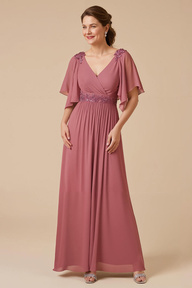 Laden Sie das Bild in den Galerie-Viewer, Altrosa A Linie Chiffon langes Brautmutterkleid mit Applikationen