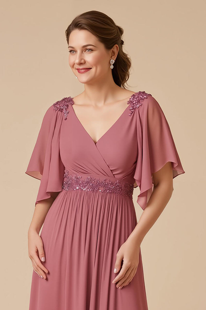 Laden Sie das Bild in den Galerie-Viewer, Altrosa A Linie Chiffon langes Brautmutterkleid mit Applikationen