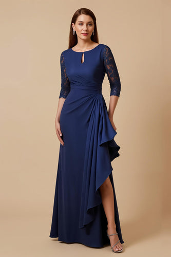 Marine Sheath Rüschenlanges Brautmutterkleid mit Spitzenärmeln