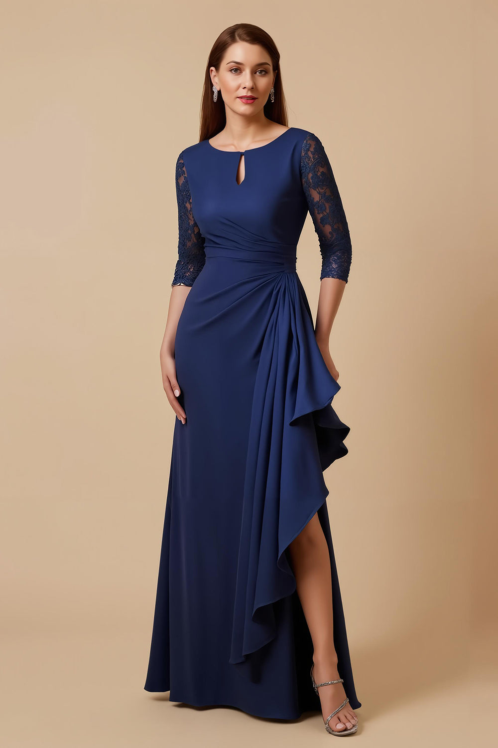 Marine Sheath Rüschenlanges Brautmutterkleid mit Spitzenärmeln