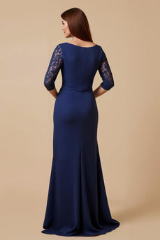Marine Sheath Rüschenlanges Brautmutterkleid mit Spitzenärmeln
