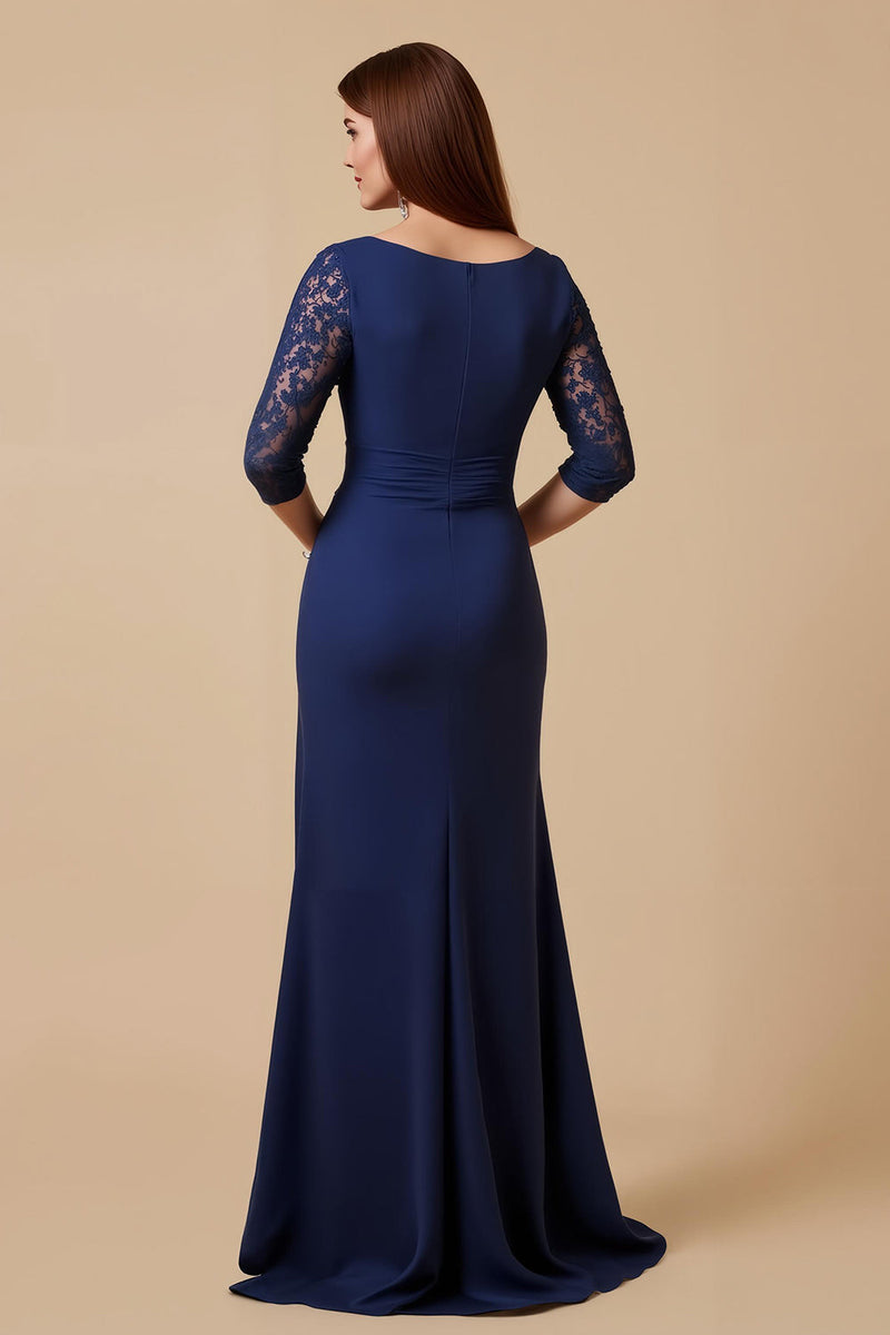 Laden Sie das Bild in den Galerie-Viewer, Marine Sheath Rüschenlanges Brautmutterkleid mit Spitzenärmeln