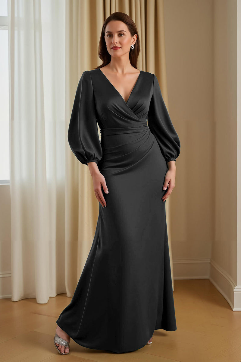 Laden Sie das Bild in den Galerie-Viewer, Grüne Meerjungfrau Satin V Ausschnitt langes Brautmutterkleid mit Ärmeln