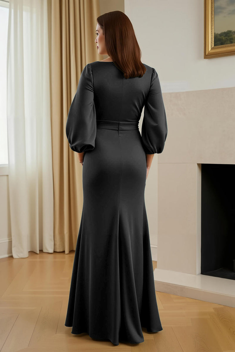 Laden Sie das Bild in den Galerie-Viewer, Grüne Meerjungfrau Satin V Ausschnitt langes Brautmutterkleid mit Ärmeln