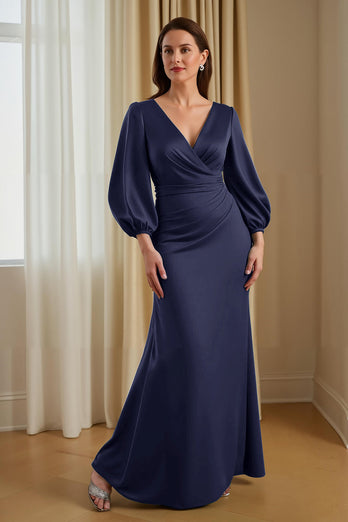 Grüne Meerjungfrau Satin V Ausschnitt langes Brautmutterkleid mit Ärmeln