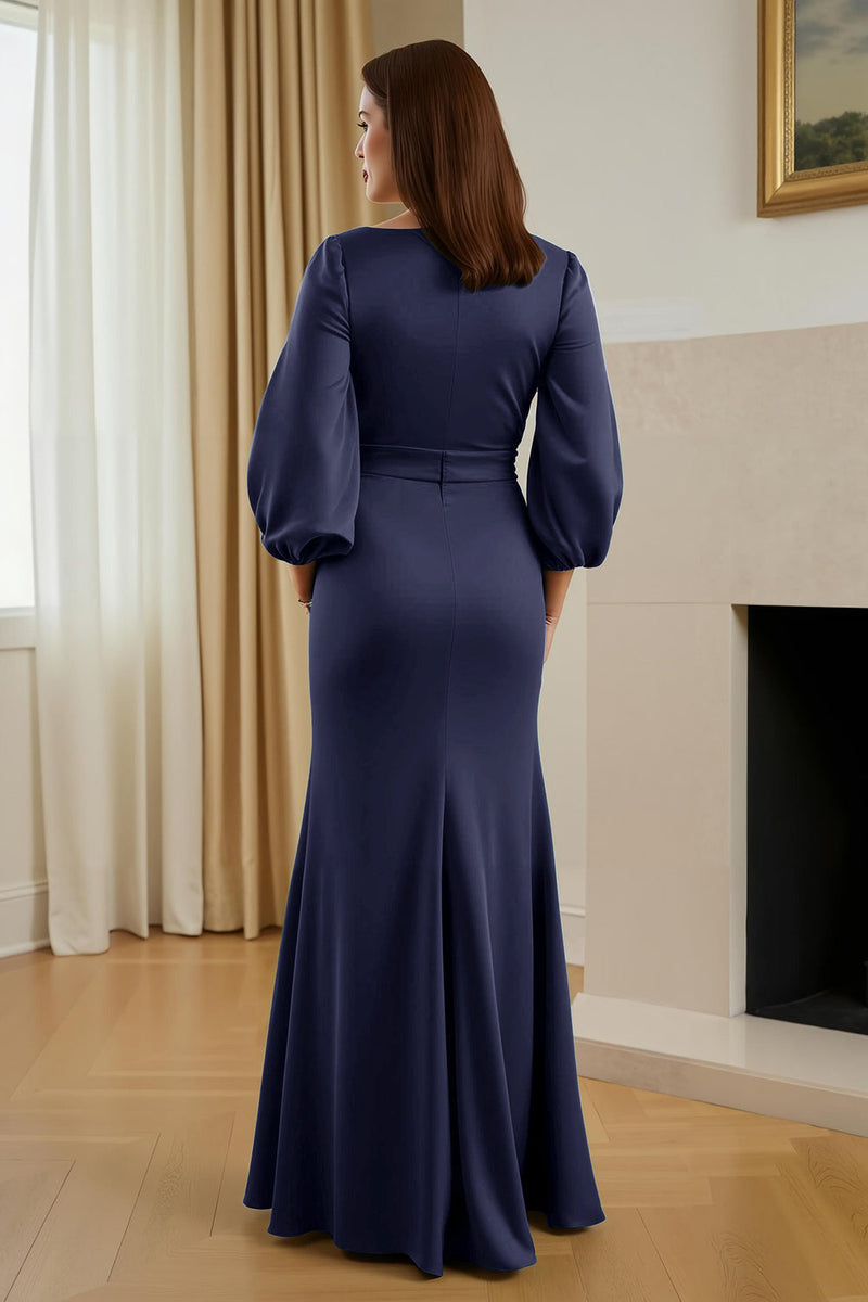 Laden Sie das Bild in den Galerie-Viewer, Grüne Meerjungfrau Satin V Ausschnitt langes Brautmutterkleid mit Ärmeln